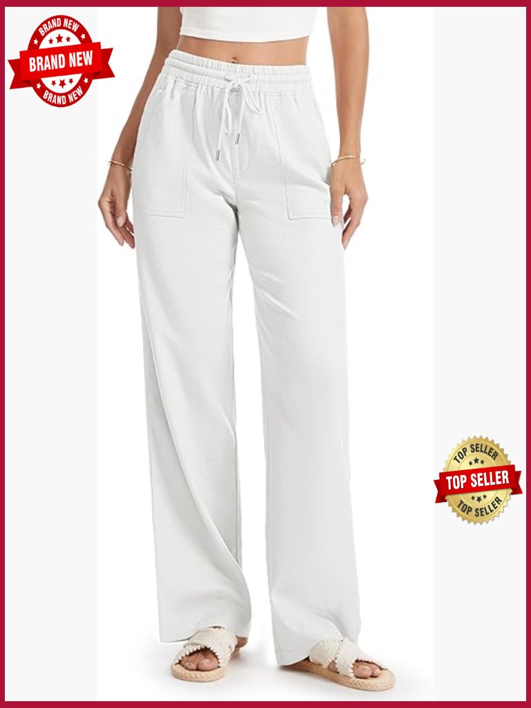 Petite Wide Leg Linen Pants 26" 28" Inseam Drawstring Waist With Pockets